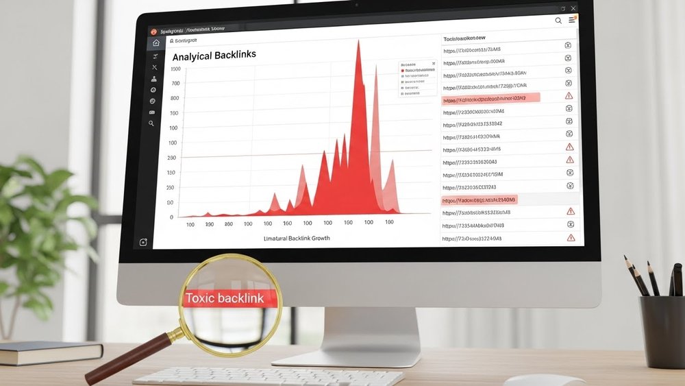 График с опасным пиком спамных ссылок на экране монитора SEO-специалиста.
