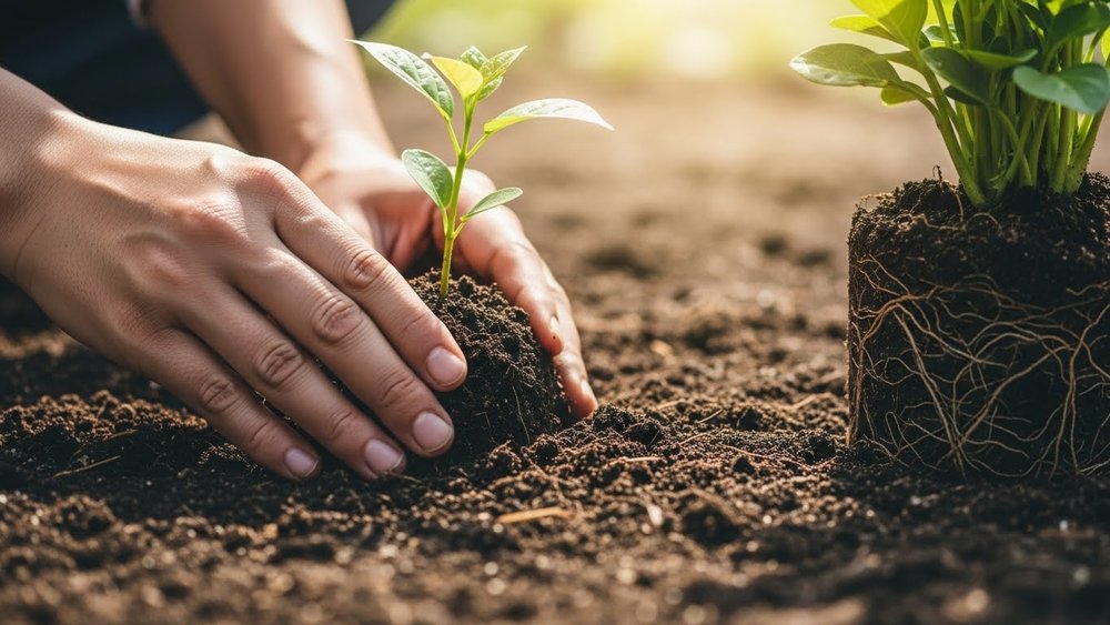 Молодой саженец, посаженный в плодородную почву со старыми корнями.