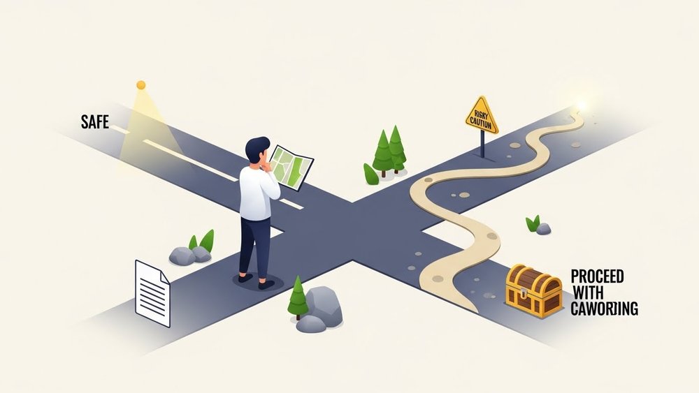 Выбор пути на развилке между безопасной дорогой и рискованным путем к сокровищу.