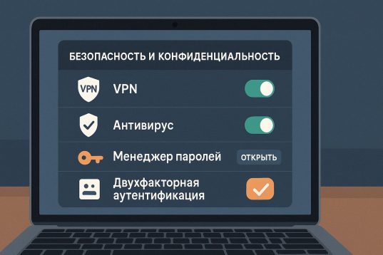 Экран ноутбука с включёнными настройками безопасности: VPN, антивирус, менеджер паролей, двухфакторная аутентификация