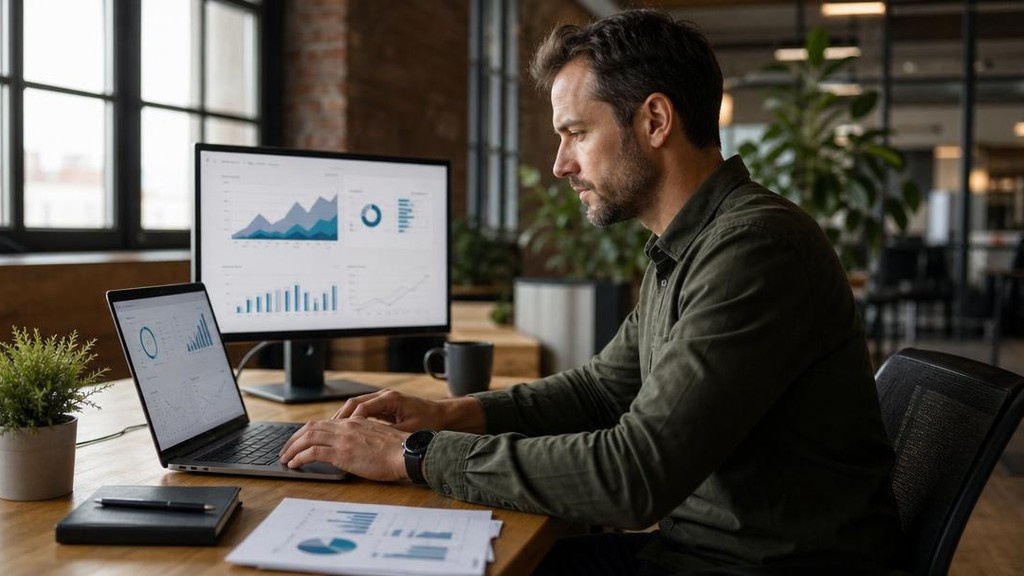 SEO-специалист анализирует данные конкурентов на двух мониторах
