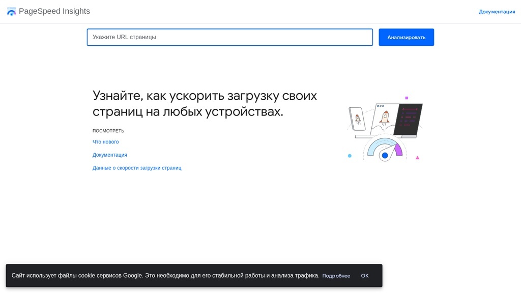 Скриншот: главная страница сервиса Google PageSpeed Insights