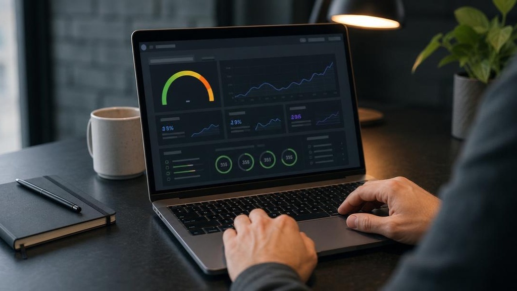 Разработчик проверяет Core Web Vitals в PageSpeed Insights на ноутбуке