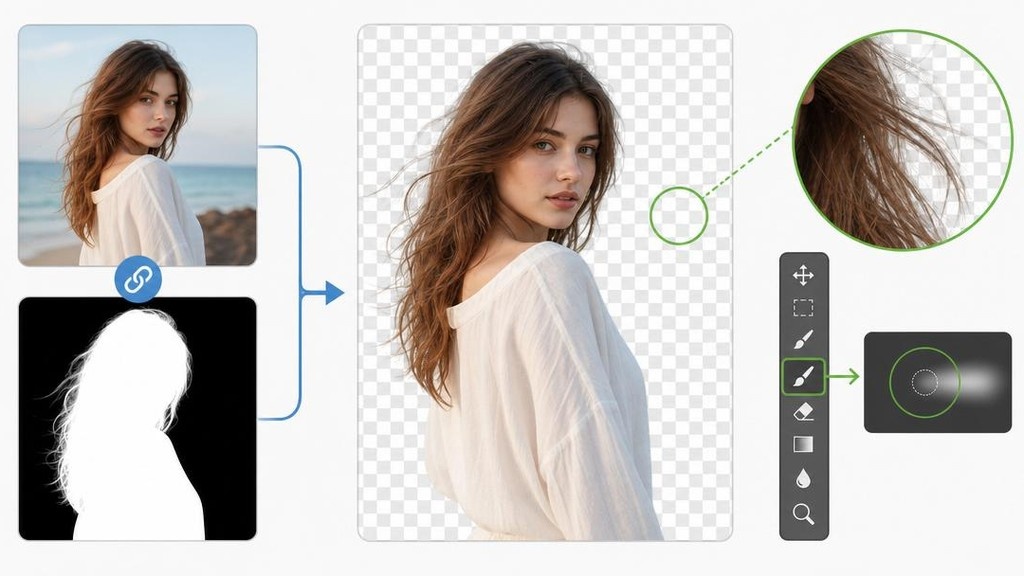 Маска слоя Photoshop для удаления фона - черно-белая маска и результат