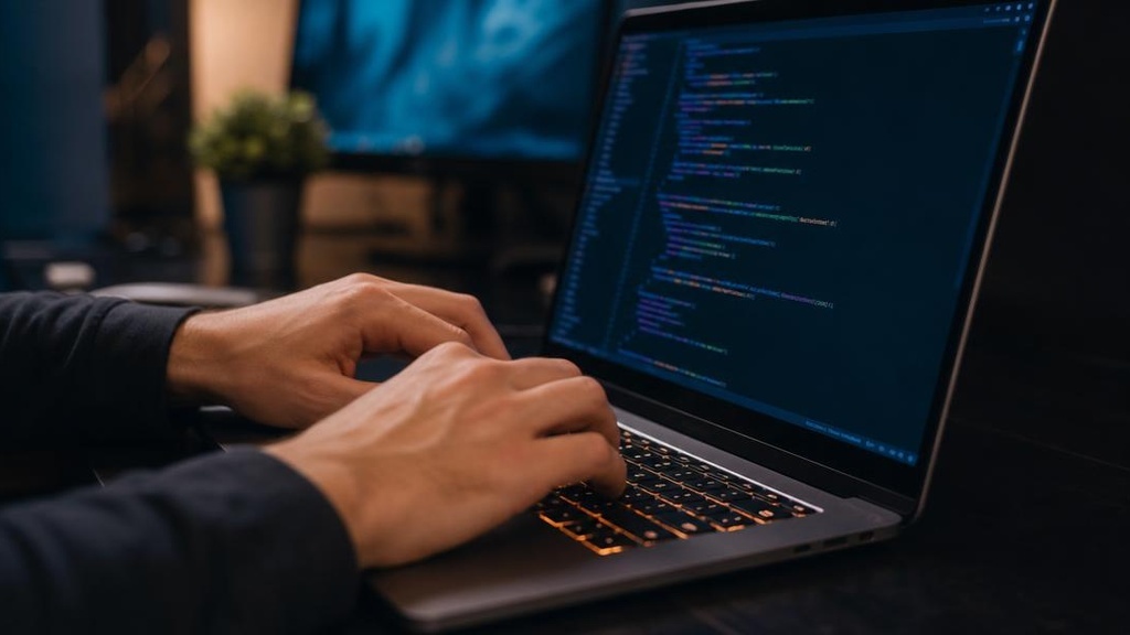 Разработчик пишет HTML CSS код адаптивного сайта с нуля
