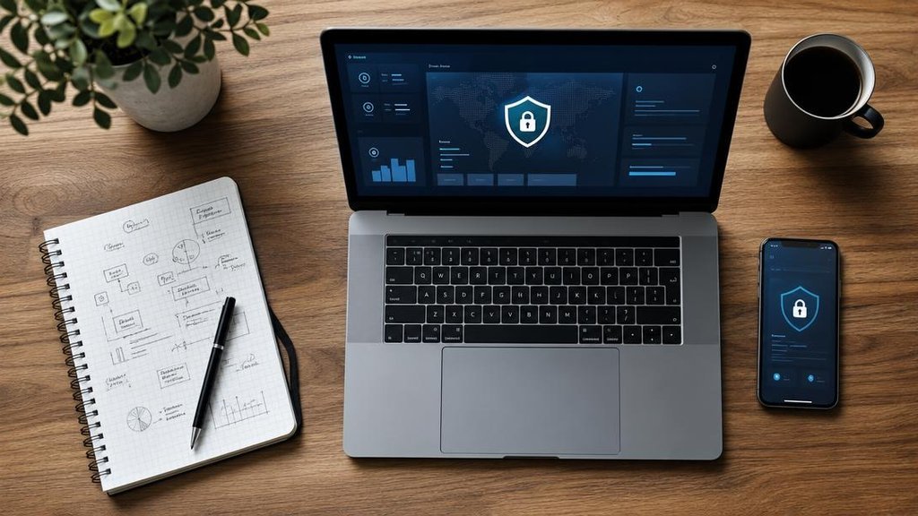Ноутбук и смартфон на столе - безопасность данных в облаке