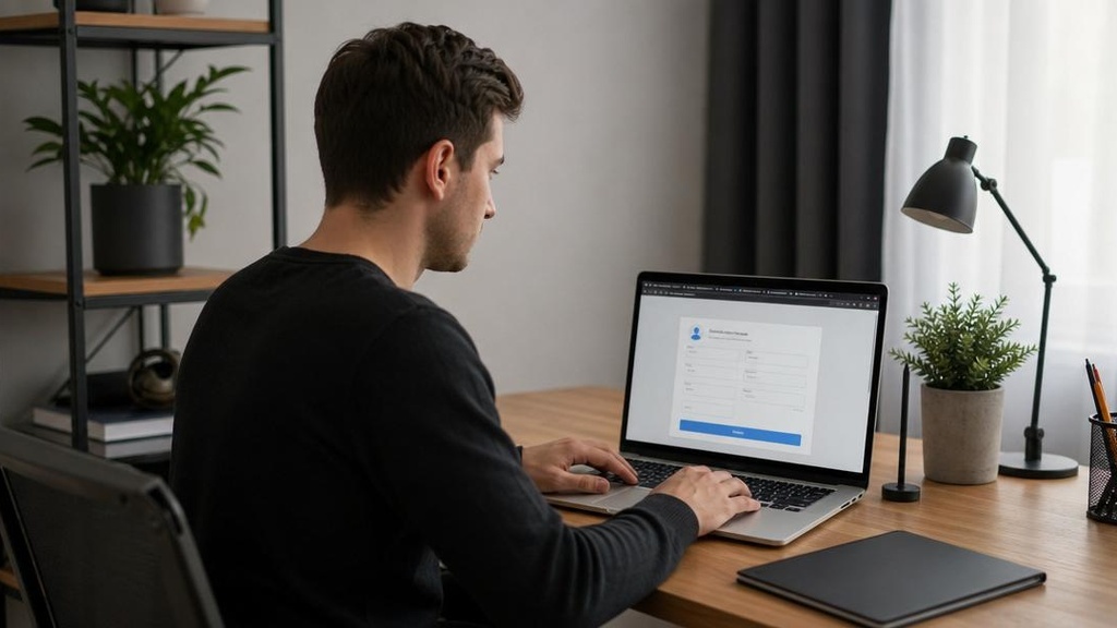 Веб-разработчик тестирует форму регистрации через временный email на ноутбуке