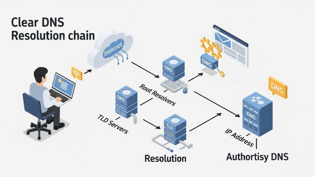 схема процесса dns-разрешения доменного имени от пользователя до сайта
